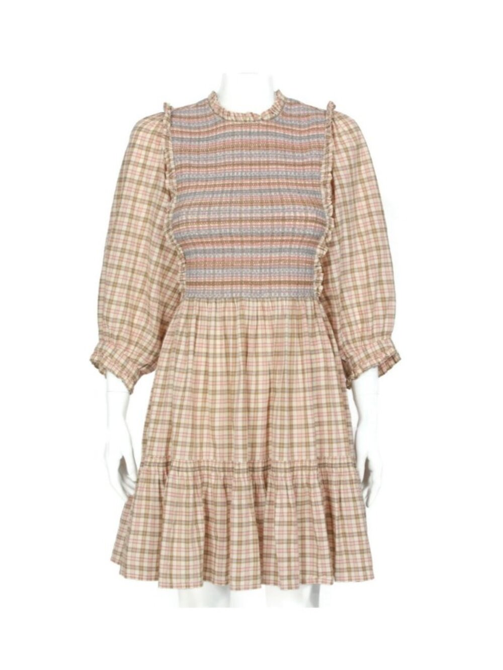 DOEN Leda Beige Blue Plaid Puff Sleeve Ruffle Smocked Mini Dress size XS /693